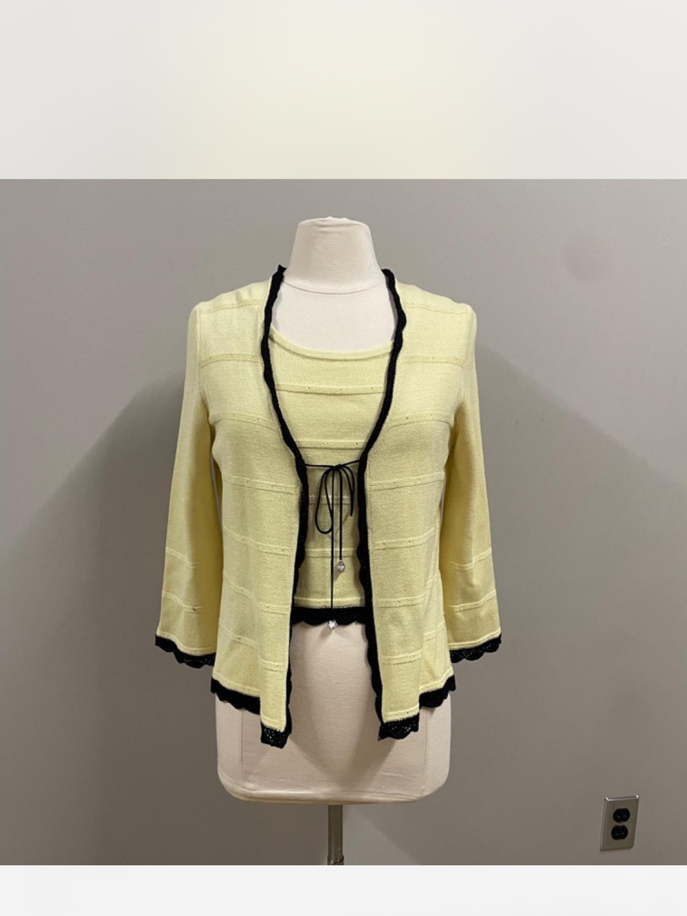 St. John Sport by Marie Gray Pale Yellow Knit Cardigan & Shell with Black Trim